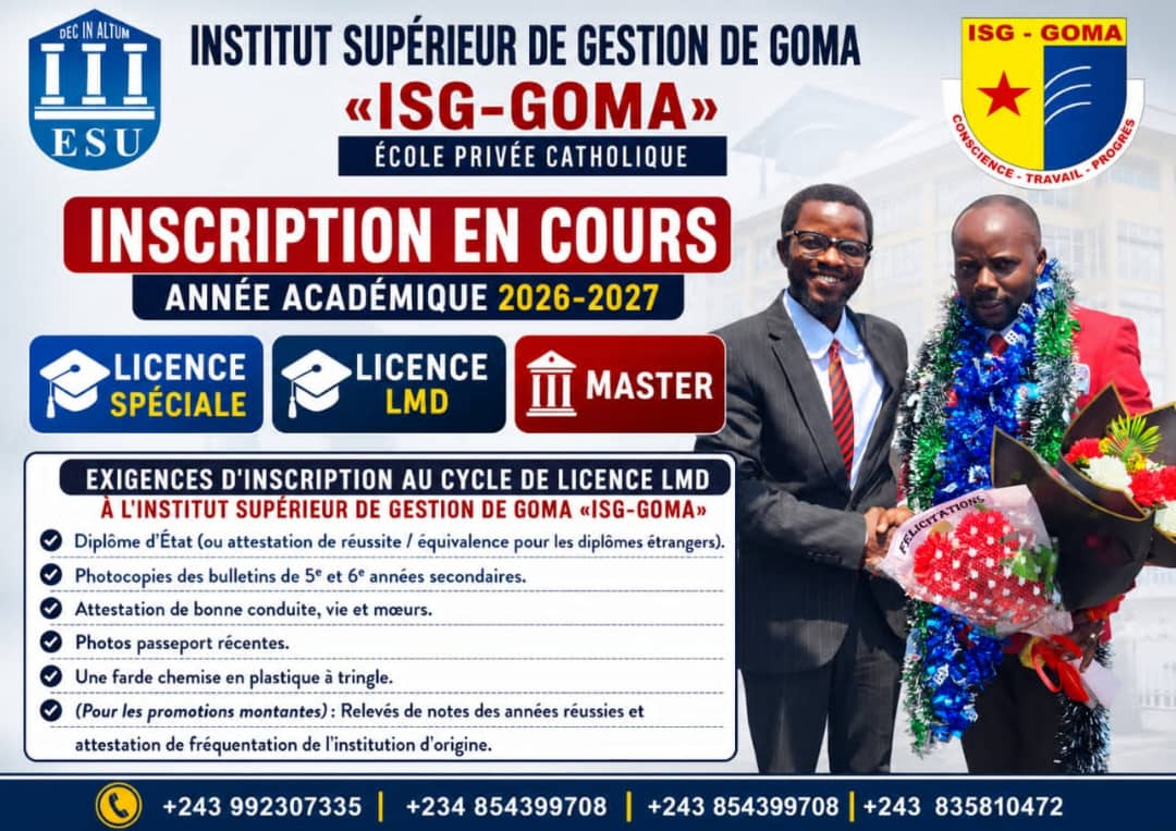 L’ISG-GOMA lance les inscriptions pour l'année académique 2026-2027 : Une opportunité d'excellence
